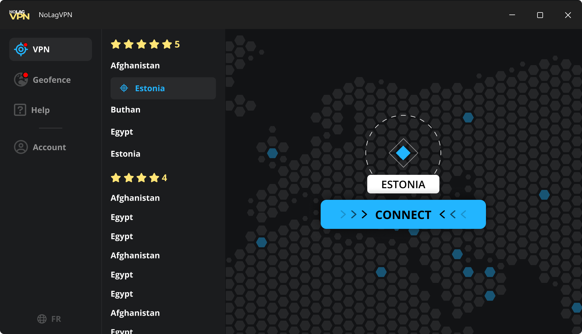 Server selection screenshot